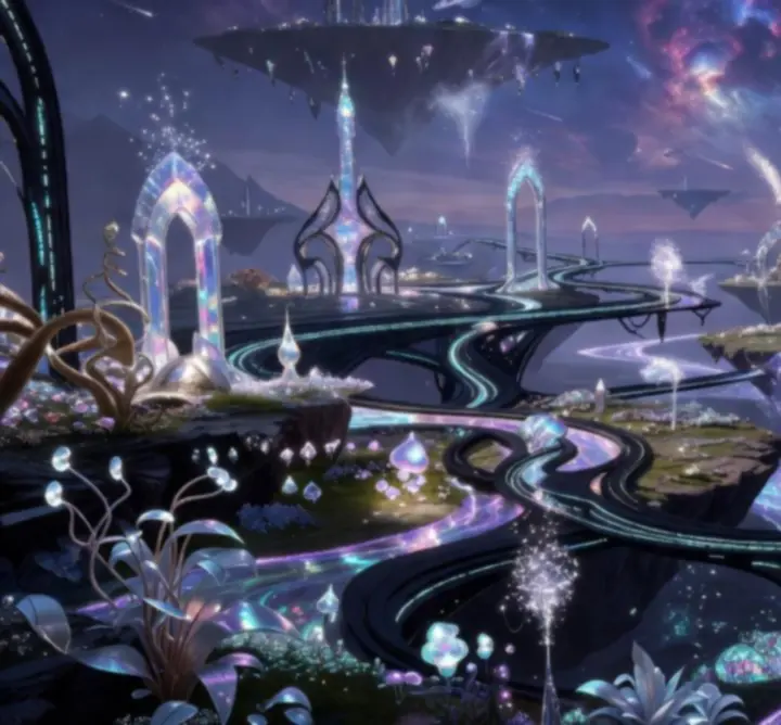 Fantasztikus sci-fi világok lebegő szigetekkel, futurisztikus városokkal és csillagközi háttérrel