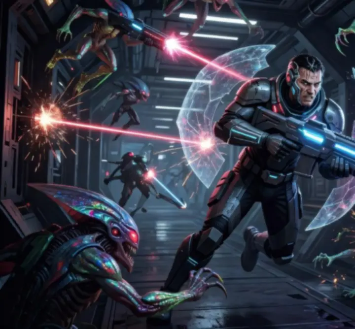 Intenzív sci-fi harcjelenet futurisztikus fegyverekkel