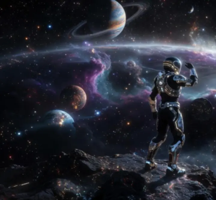 Kozmikus tájkép a Ultimate Magyar Space univerzumából, lebegő űrállomásokkal és misztikus energiamezőkkel