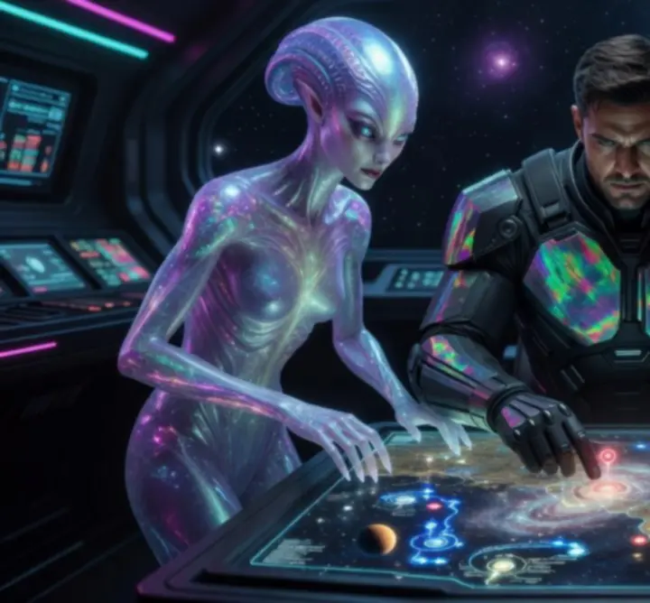 Kinematikus jelenet a küldetések kulcsszereplőivel, sci-fi fantasy környezetben