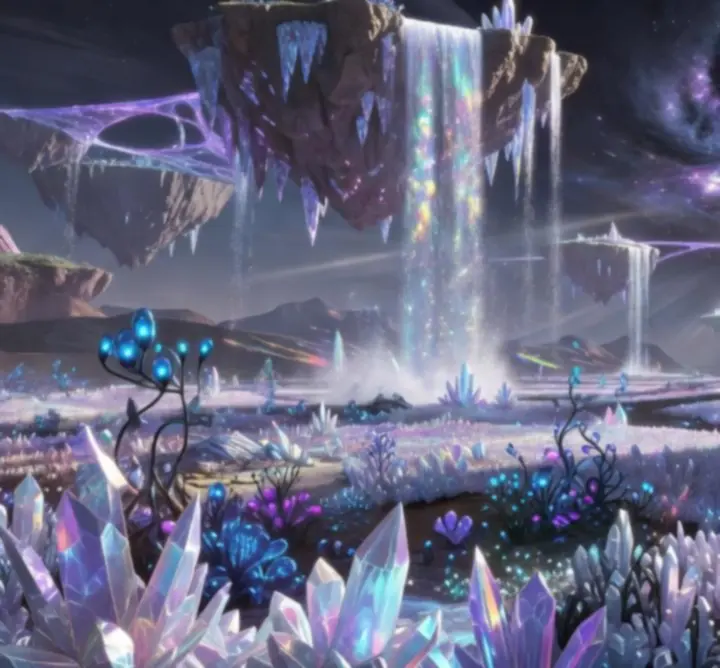 Különleges sci-fi/fantasy biome misztikus kristálymezőkkel és lebegő szigetekkel