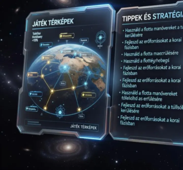 Futurisztikus felhasználói felület stratégiai tippekkel és galaktikus térképpel